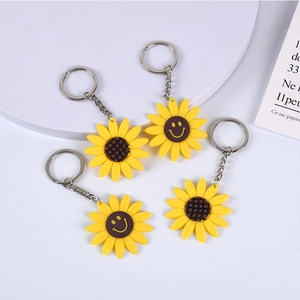 Cartoon Sunflower Smiley Face Keychain Yellow Floral PVC Soft Rubber Pendant For Women Kids Bag Charm Accessories