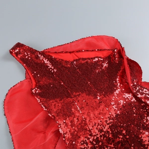 Détail du tissu à paillettes rouges et de la fermeture à glissière invisible de qualité