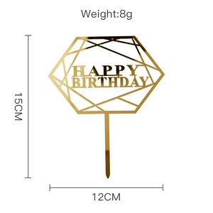 Detailed dimensions for golden hexagonal acrylic Happy Birthday cake topper topper
