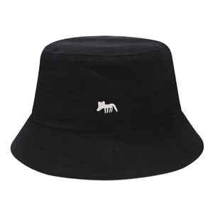Unisex black cotton bucket hat featuring unique white fox embroidery on plain background