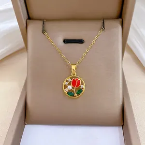 Tulip Pendant Necklace Stainless Steel Chain Copper With Zircon Artificial Pearl Red Enamel Flower Gold Plated Elegant Women Jewelry