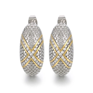 Retro luxury silver oval earrings with gold cross inlay and zircon stones on white backdrop