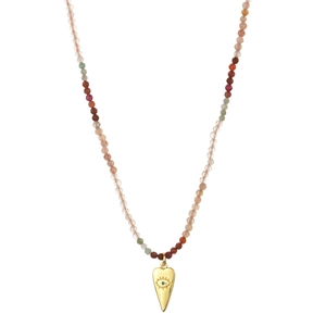 Detail of bohemian tourmaline beads necklace with gold heart-shaped evil eye pendant