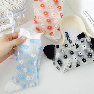 Close-up of sheer floral lace socks in blue and orange with breathable mesh texture