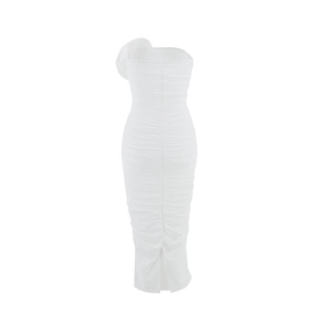 Detail showing the ruched texture and side ruffle of the white bodycon midi dress