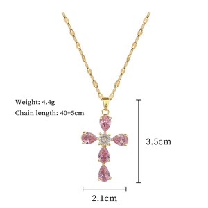Detailed specs of gold cross necklace with pink stones, weight 4.4g and 40+5cm chain
