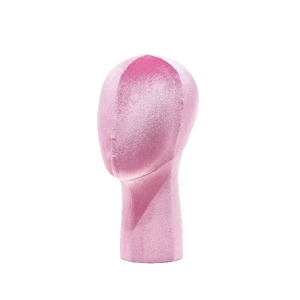 Pink velvet female mannequin head stand for wigs, hats, and glasses on white background