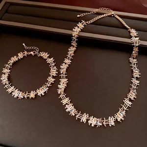 Luxury geometric jewelry set with rectangular zircon necklace and adjustable bracelet