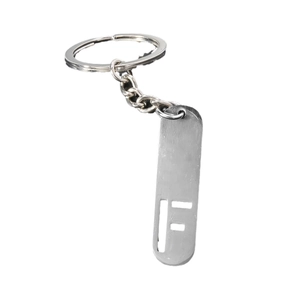 Polished silver metal keychain featuring a vertical rectangular plate with hollow F design