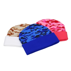Winter camouflage knit beanie set with folded cuffs in khaki, blue, and pink colors