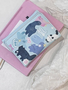 Cute cat illustration light blue tri-fold wallet on pink notebook for students