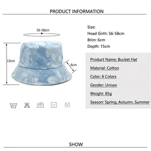 Blue and white tie-dye cotton bucket hat with reversible design and size specifications
