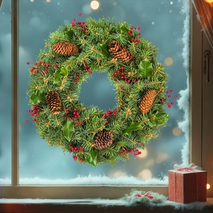 Christmas pine needle wreath with red berries and pinecones on a snowy window