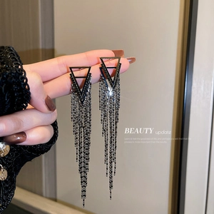 Silver needle triangle fringe earrings with black rhinestones and long bead tassels
