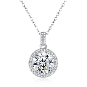 Elegant S925 sterling silver halo necklace with round moissanite pendant on white background