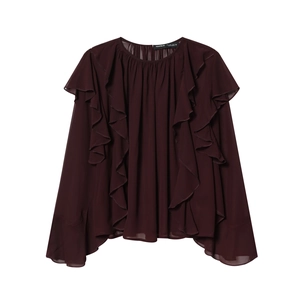 Chemisier En Mousseline Pour Femmes Manches Longues À Volants Couleur Unie Rétro Élégant Hauts Mode Décontractée Bureau