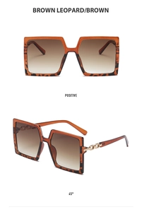 Brown leopard square sunglasses with gradient lenses and gold chain link detail on arms