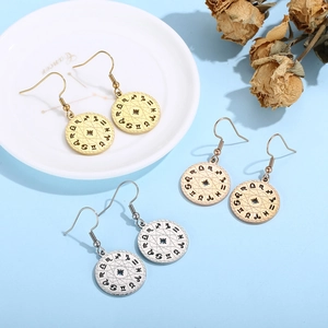 Three pairs of circular constellation earrings in gold, rose gold, and silver metal finish