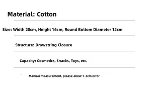 Detailed size chart for cotton drawstring storage bag with 20x16cm dimensions