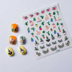 Detailed 5D embossed nail stickers featuring cartoon cactus and llama patterns