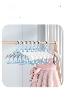 Blue and white telescopic kids hangers with non-slip wide shoulders on clothes rack