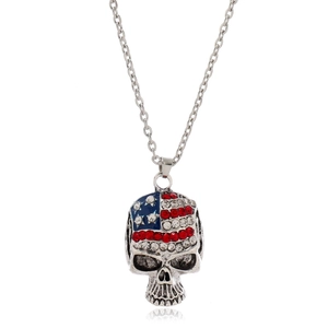Halloween hip hop skull pendant necklace with US flag rhinestones on silver chain