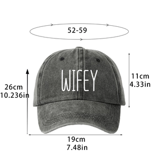 Classic dark grey washed cotton baseball cap featuring white WIFEY embroidery and adjustable strap