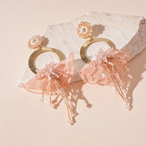Pink lace fringe hoop earrings with floral beads and golden accents for women