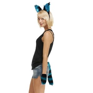 Blue and black striped plush faux fur animal costume set with cat ears, tail and paw glove