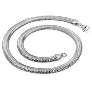 Polished silver stainless steel flat snake chain necklace with secure lobster clasp
