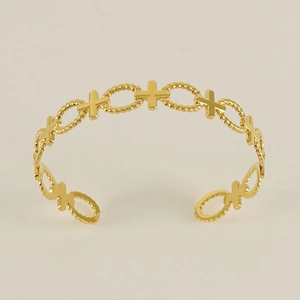 Gold hollowed cross cuff bracelet with twisted chain design in stainless steel