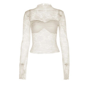 Haut élégant à manches longues en dentelle blanche avec motifs floraux et caraco
