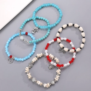 5-piece bohemian beach bracelet set with turquoise beads, shell charms and turtle pendants