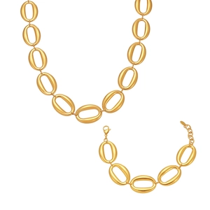 Polished 24K gold plated stainless steel oval link necklace and bracelet jewelry set