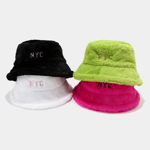 Chapeau Bob En Peluche Broderie NYC Fausse Fourrure Hiver Chaud Mode De Rue Épais Pour Femmes