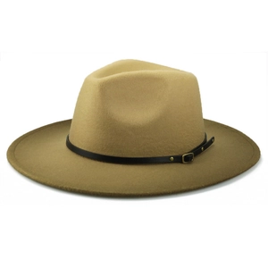 Detail of camel wool fedora hat featuring a black leather band and golden metal buckle