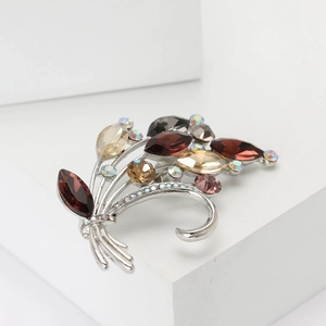 Elegant silver bouquet brooch with colorful oval crystals and sparkling rhinestones