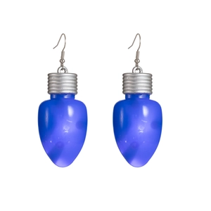 Detailed view of festive blue light bulb earrings with silver hook and metallic thread