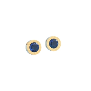 Gold titanium earrings with Roman numerals and blue gemstone centers on white background