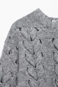 Macro shot of grey cable knit sweater featuring hollow-out details and premium texture