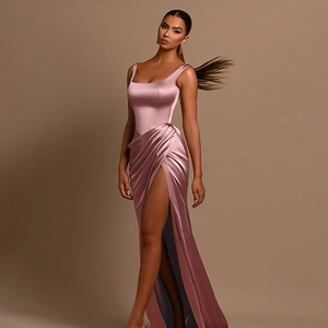 Detailed view of mauve satin dress showing elegant waist pleats and side slit design