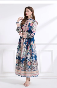Detailed close-up of retro floral prints and stand collar on this vintage maxi dress