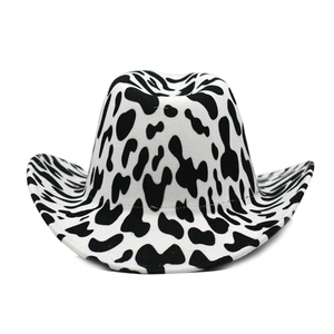 Classic cow print western cowboy hat with wide rolled brim and thick felt fabric texture