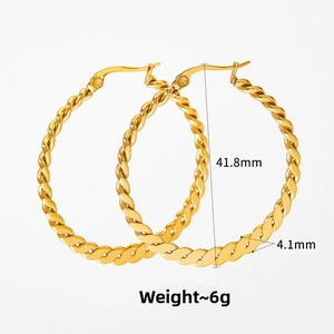 Macro detail of 41.8mm gold-plated twist hoop earrings with dimensions and weight specs