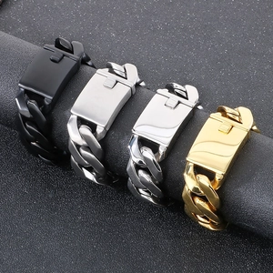 Polished 24mm wide stainless steel Cuban link bracelets in black, gold, and silver finishes