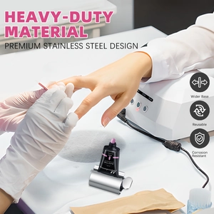 Close-up of durable stainless steel tube squeezer for nail gel with a wide base design