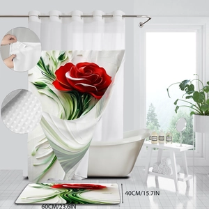 Detail of waterproof red rose shower curtain with metal eyelets and matching bath mat