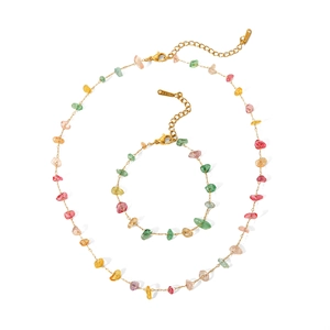 French design colorful natural stone bead necklace and bracelet set with gold chain