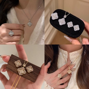Clover Flower Necklace Earrings And Ring For Women With Imitation Artificial Pearl Cubic Zirconia Cat Eye Stone Silver Earring Post