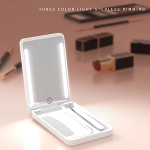 Portable LED makeup mirror with storage box, comb, and tweezers featuring 3-color dimming